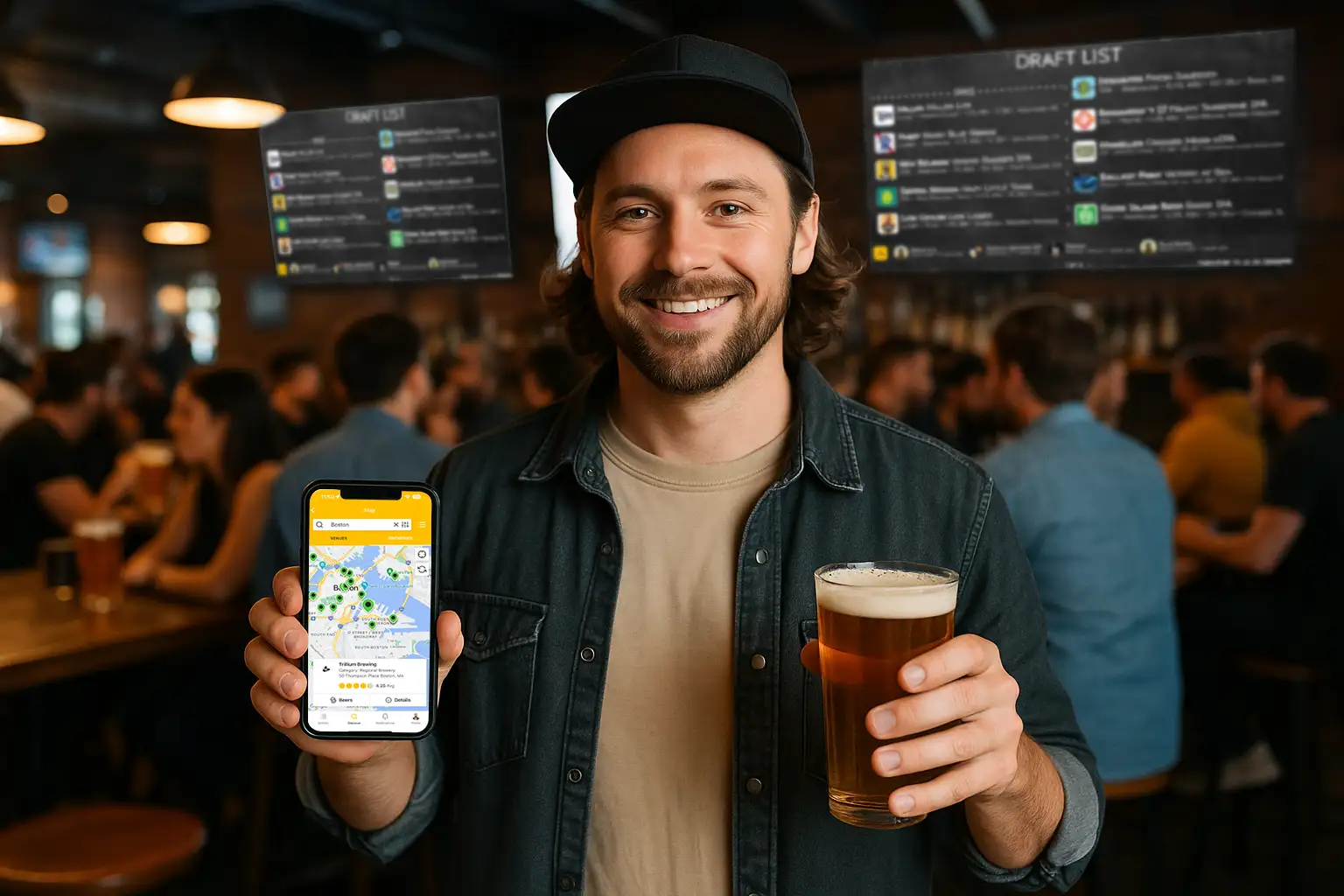 Man holding beer and Untappd app. Untappd for Business digital menus in the background
